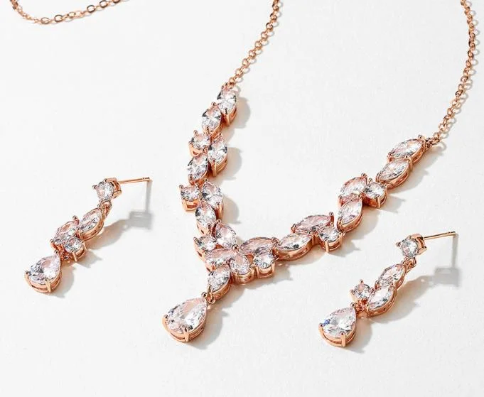 Pear CZ Necklace Jewelry Set, Wedding CZ Necklace Jewelry Set, Bridal Necklace Jewelry Set, Bridesmaid Jewelry Set, Rose Gold Earring Necklace Jewelry