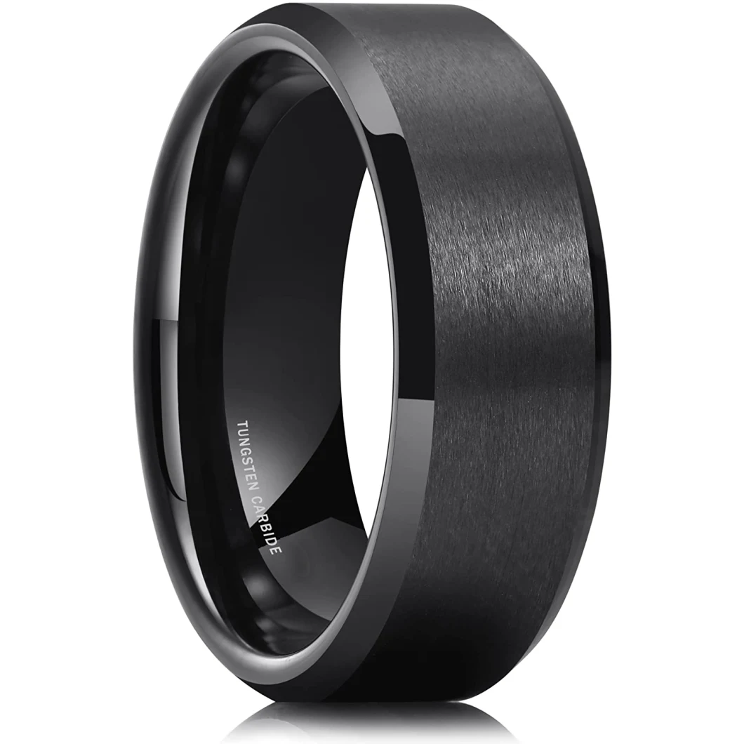 Basic Men Wedding Black Silver Tungsten Ring Matte Finish Beveled Polished Edge Comfort Fit