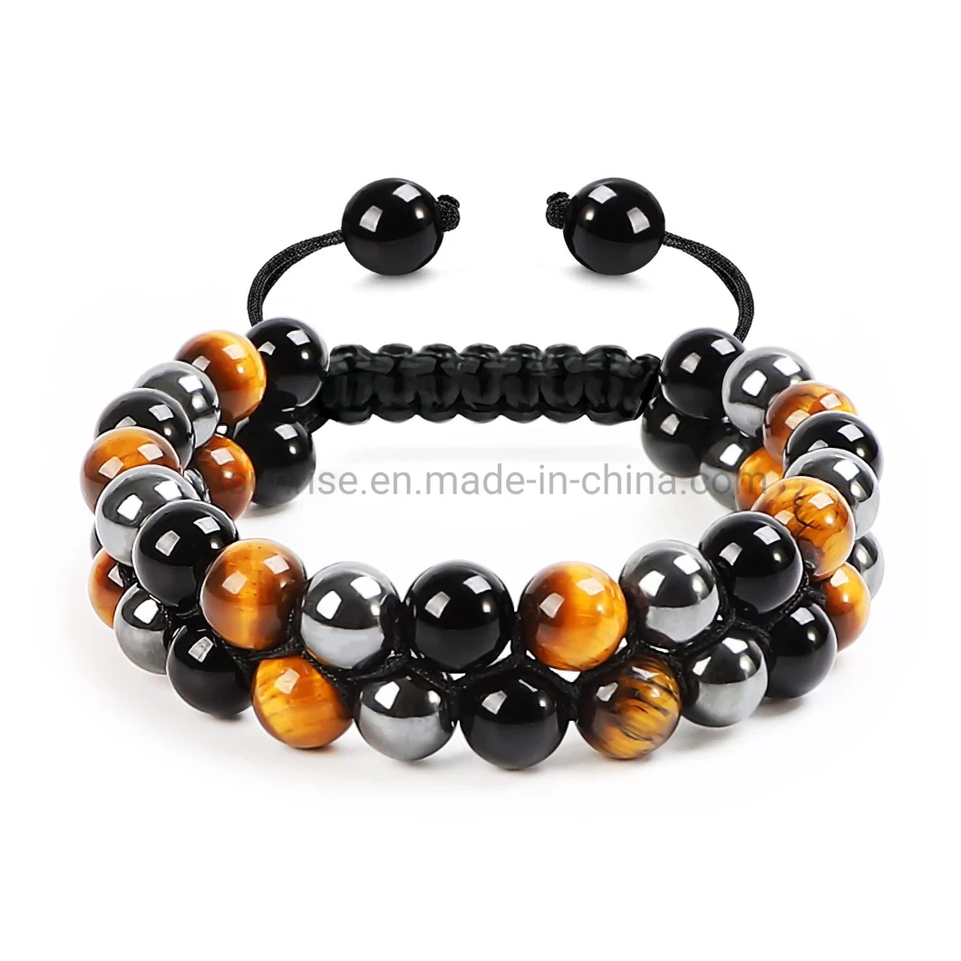 Customized Handcrafted Men Bracelet 6mm 8mm 10mm Stone Beads Hematite Blue Tiger Eye Black Agate Raw Stone Handcrafted Double Layer Bracelets