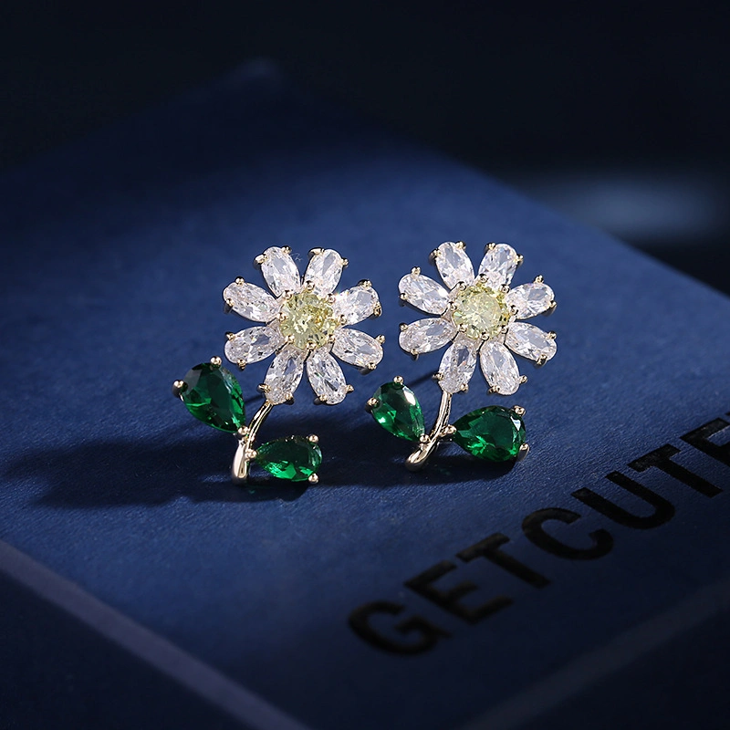 18K Gold Plated Fashion Jewellery 925 Silver Color CZ Sun Flower Earring