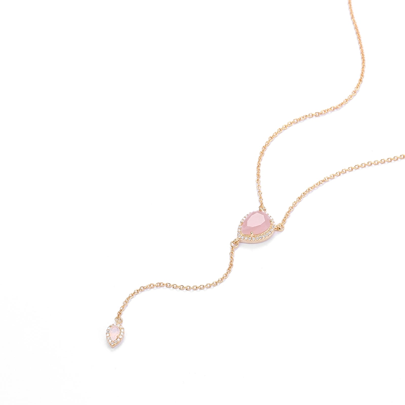 Beautiful Female Jewelry Rose Gold Pink Stone Drop Necklace with Pear Cut CZ for Gifts